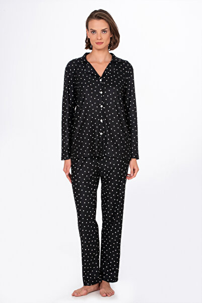 Kompedan Kadın Süet Önden Düğmeli Pijama Takımı | Kalpli Siyah
