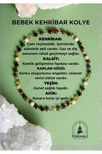 OSMANLI DOĞAL TAŞ Orijinal & Sertifikalı Bebek Kehribar Kolye - Kehribar, Yeşim, Kaplan Gözü, Kahve Göz Akik, Kalsit