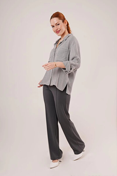 helegiy Bat Sleeve Striped Gray Shirt with Pocket Detail