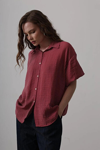 MODA Half Balloon Sleeve Striped Shirt - Claret Red