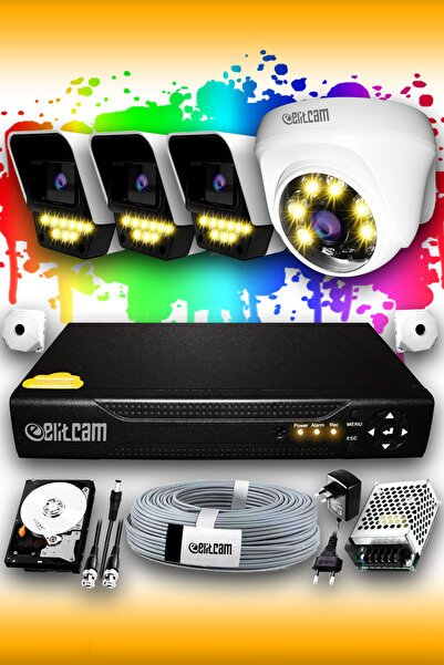 Elitcam 4 Kameralı Süper 1 İç Kamera Set 250 GB 5 MP 2K Renkli Gece Görüşlü G...