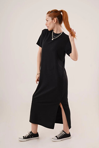 Modayakamoz Short Sleeve Loose Maxi Black Dress with Slit Detail