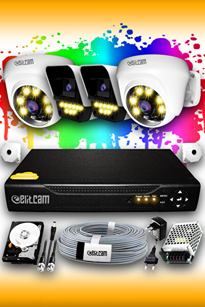 Elitcam 4 Kameralı Süper 2 İç Kamera Set 250 GB 5 MP 2K Renkli Gece Görüşlü G...