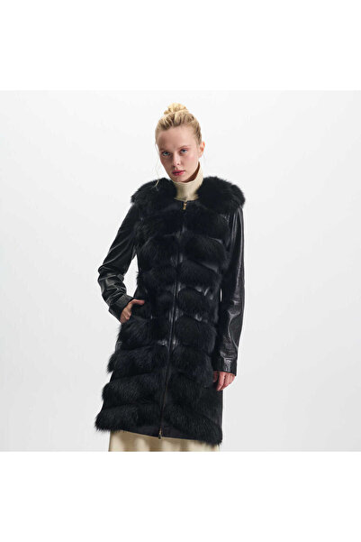 Tergan Siyah Kürk-Deri Kadın Kürk Kaban - K23KKM320382-Q7X