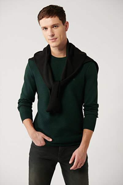 Avva Men's Green Crew Neck Cotton Knitwear Sweater E 005105