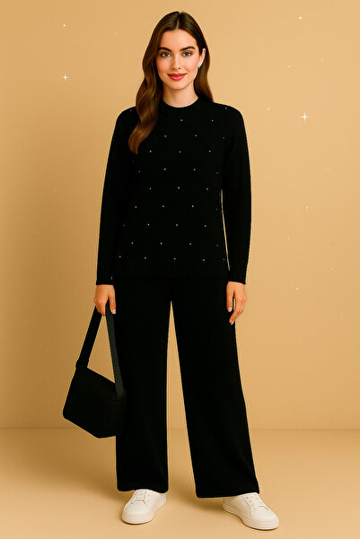 semela New Season Shining Stone Self-Embossed Baklava Pattern Knitwear Set