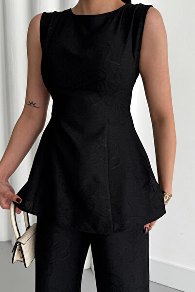 POLEXP Gl00My the Elegance of Summer Nights: Black Jacquard Linen Sleeveless Set