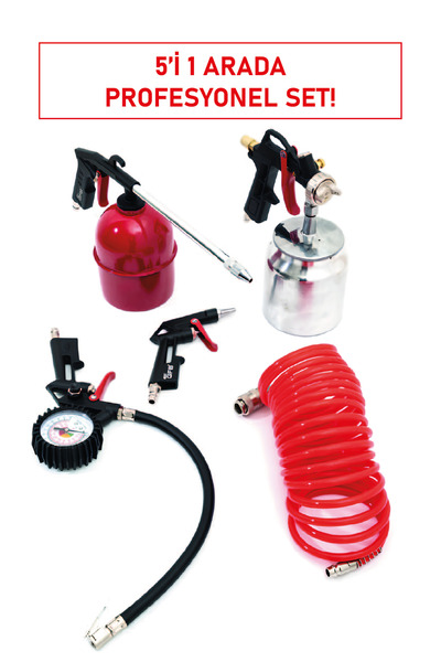 GFB Boya ve Hava Tabanca Seti 5 Parça Kompresör Uyumlu Profesyonel Püskürtme ve Şişirme Seti