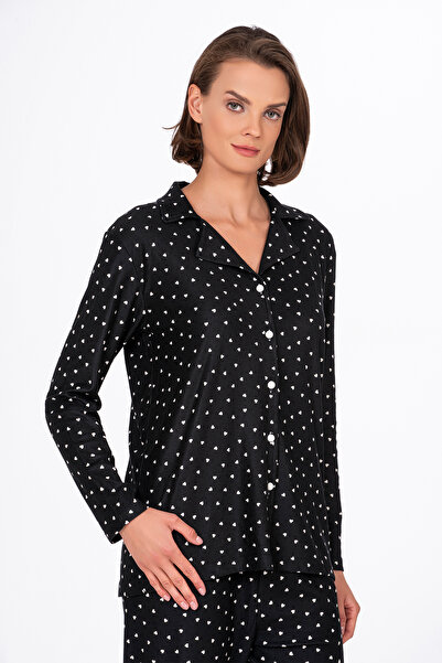 Kompedan Kadın Süet Önden Düğmeli Pijama Takımı | Kalpli Siyah