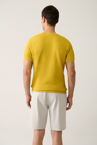 Avva Men's Mustard Crew Neck Textured Knitwear T-Shirt E005027