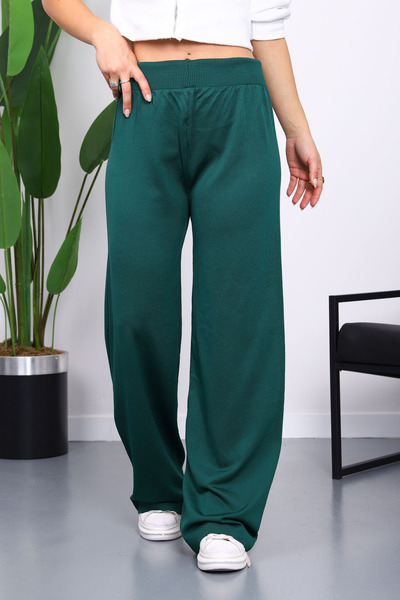 İmajButik Emerald Green High Waist Corded Fabric Wide Leg Knitwear Trousers