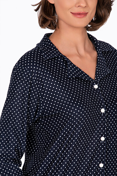 Kompedan Kadın Süet Önden Düğmeli Pijama Takımı | Puantiyeli Lacivert