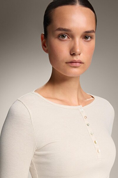 Oysho Long-sleeved buttoned rib top with cotton and modal