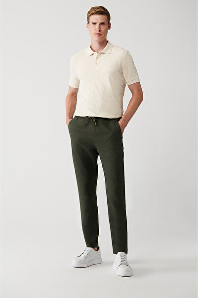 Avva Men's Khaki Side Pocket Elastic Waist 100% Cotton Linen Textured Trousers E 003052