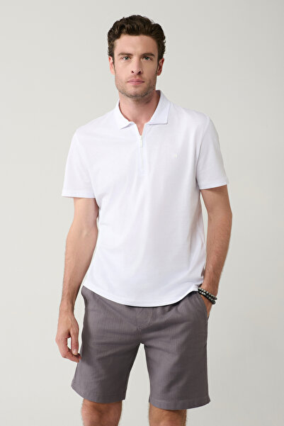 Avva Men's White 100% Cotton Zippered Polo Collar T-Shirt E 001034