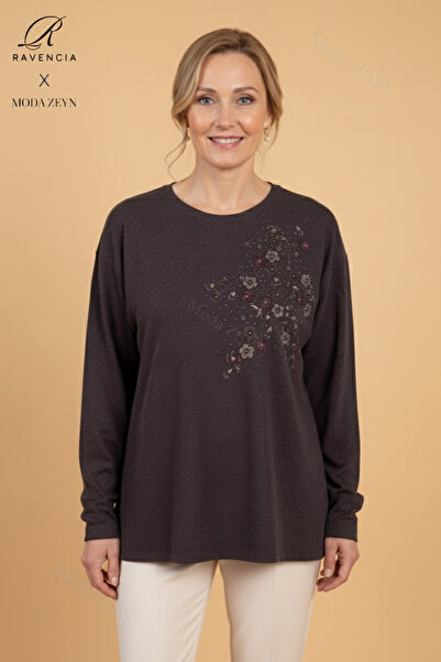 Ravencia Women's Floral Patterned Stoned Stretch Fabric Slit Brown Wool Mother Combed Cotton Blouse