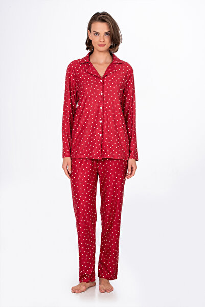 Kompedan Kadın Süet Önden Düğmeli Pijama Takımı | Kalpli Kırmızı