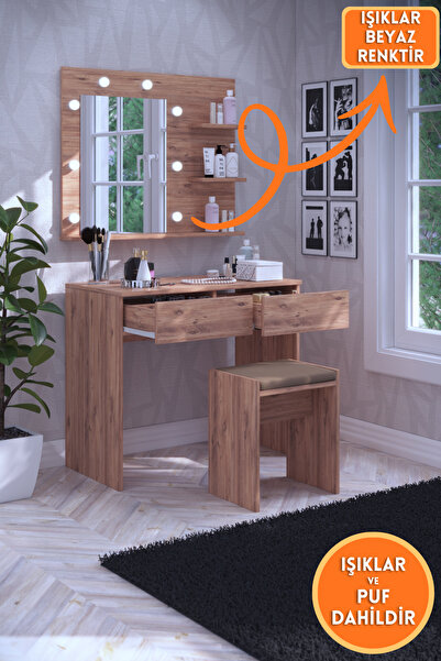 dekor fim DF02104AC Tabureli Çekmeceli Işıklı Aynalı Makyaj Masası Yatak Odas...