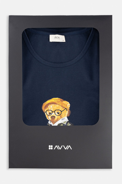 Avva Чоловічий темно-синій піжамний комплект з бавовняної клітчастої тканини з горловиною 100 зі спеціальною коробкою E003303