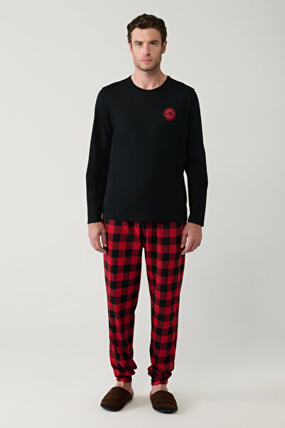 Avva Ανδρικό σετ πιτζάμες με μακρυμάνικο καρό μαύρο λαιμόκοψη E003304