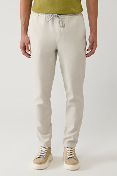 Avva Men's Stone Side Pocket Elastic Waist 100% Cotton Linen Textured Trousers E 003052