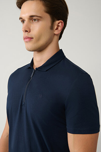 Avva Men's Navy Blue Zippered Polo Neck Cotton T-Shirt E001034