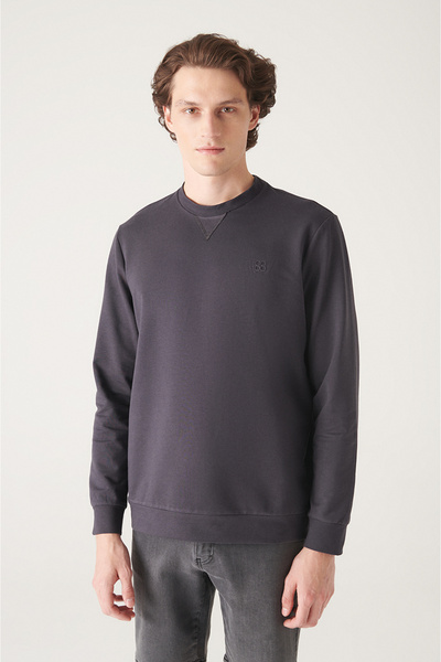 Avva Ανδρικό φούτερ από βαμβακερό λαιμόκοψη ανθρακί, 2 κλωστές, χωρίς σαρδόνια, Comfort Fit E001200