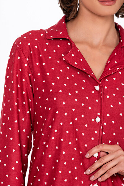 Kompedan Kadın Süet Önden Düğmeli Pijama Takımı | Kalpli Kırmızı