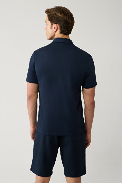 Avva Men's Navy Blue Zippered Polo Neck Cotton T-Shirt E001034