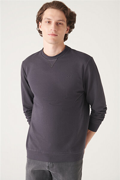 Avva Ανδρικό φούτερ από βαμβακερό λαιμόκοψη ανθρακί, 2 κλωστές, χωρίς σαρδόνια, Comfort Fit E001200