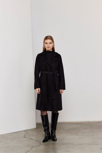 SevdeUgur Black Belted Stamped Women's Coat - Buttoned / Collection