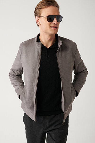 Avva Men's Anthracite Stand Collar Suede Textured Seasonal Comfort Fit Coat B006002