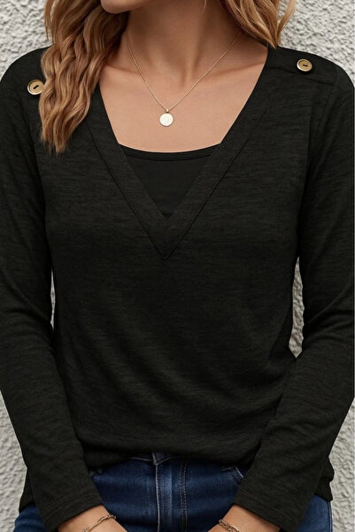 Butik    Women's Long Sleeve V Neck Button Detail Soft Blouse
