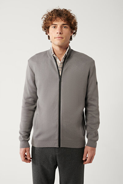 Avva Graue Herren-Strickjacke mit Stehkragen und Lederdetails, Reißverschluss und Viskose-Strickwaren, reguläre Passform, Strickjacke B005022