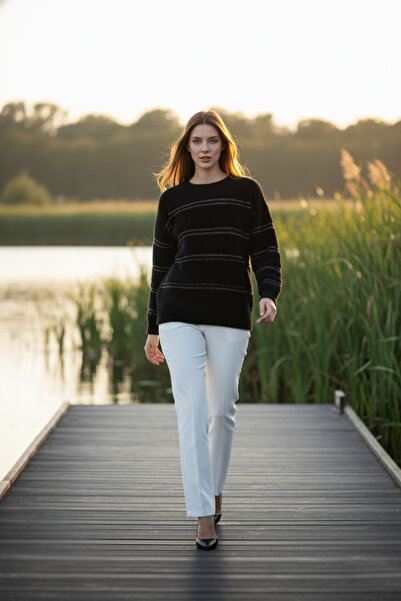 Brevia Black Glitter Stripe Detail Long Sleeve Women's Angora Knitwear Sweater