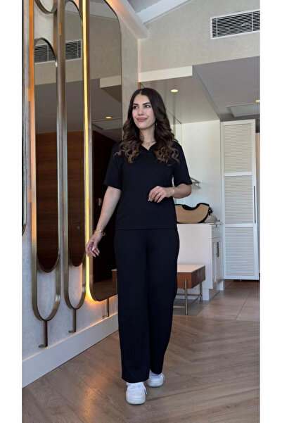 Butik Women's Short Sleeve Collared Viscose Two Thread Blouse and Pants Two Piece Set