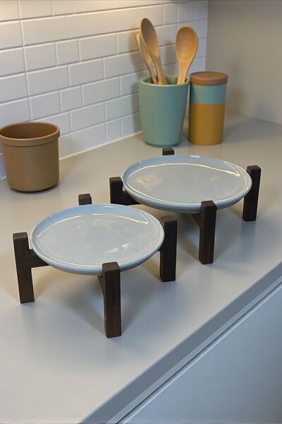 Bambum Alpina Set of 2 Black Bamboo Leg Ceramic Presentation Plates 20cm and 26cm, Serving Plate