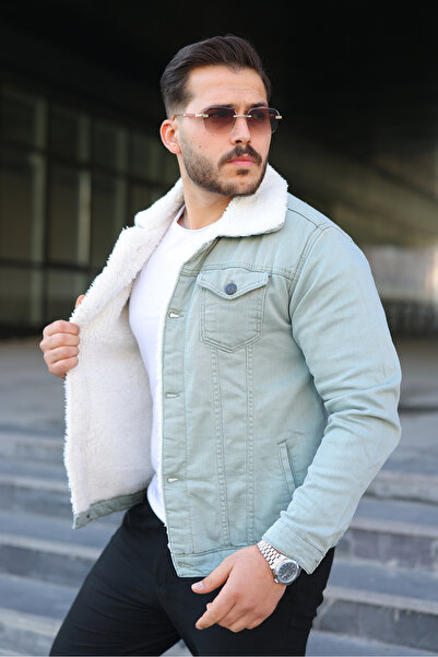 comstar Ανδρικό χειμερινό τζιν μπουφάν με επένδυση από γούνα, σε πράσινο χρώμα