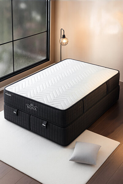 Niron Nova Yatak Çift Kişilik Lüks Yatak - 25 cm Paket Yaylı Ortopedik, Orta Sert, Antrasit, Pamuklu Kumaş