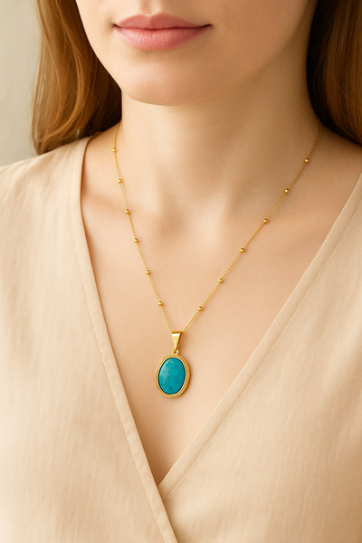 Siset Gümüş 925 Ayar Sarı Altın Kaplama Top Zincirli Firuze Taşlı Gümüş Kolye