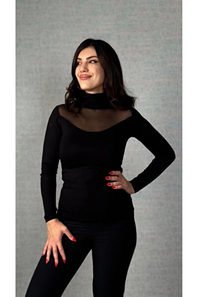 Butik Women's Long Sleeve Turtleneck Front Tulle Detail Ribbed Knit Fabric Blouse