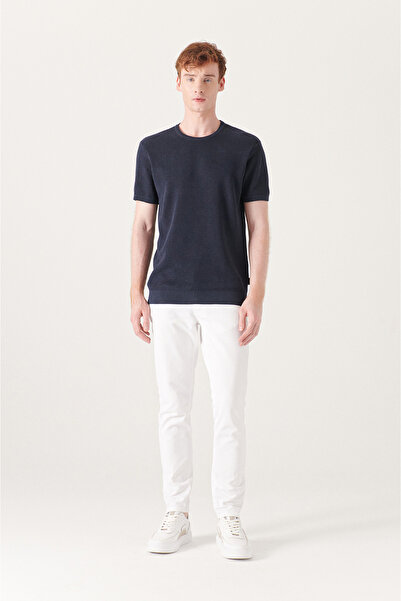 Avva Men's Navy Blue Modal Crew Neck Textured Ribbed Knitwear T-Shirt B 005010