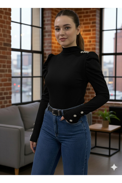 Moda Lounge Düğme Detaylı Omuz Büzgülü Ottoman Kumaş Bluz