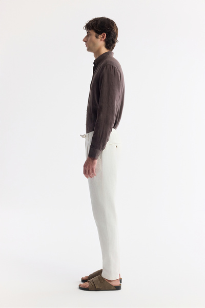 Avva Ανδρικό παντελόνι με κορδόνια σε λευκό χρώμα, λινό μείγμα, χινό, χαλαρή εφαρμογή B003036