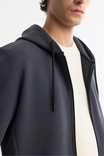 Avva Men's Anthracite Hooded Interlock Fabric Zippered Sweatshirt B 001102