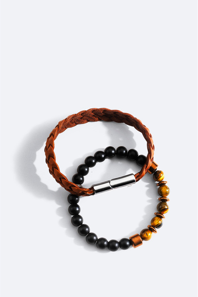 Avva Men's Brown Leather and Hematite Stone Bracelet A51Y9607