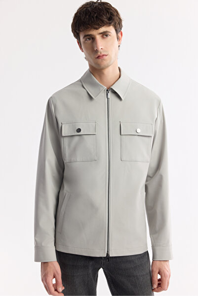 Avva Men's Gray Classic Collar Water Repellent Bi-Stretch Technical Fabric Seasonal Regular Fit Coat A51Y6051