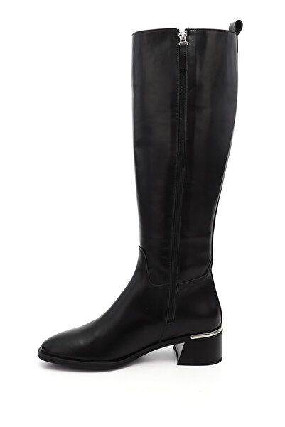 GÖNDERİ(R) Women's Black Platinum Zippered Thick Heeled Genuine Leather Boots