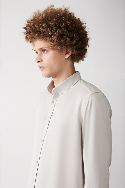 Avva Erkek Açık Gri Düğmeli Yaka Keten Karışımlı Slim Fit Gömlek B002001