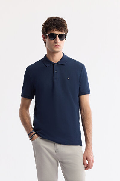 Avva Чоловіча синя некручена сорочка з коміром-поло, 100% бавовна, базова модель, прямий крій, футболка B001032